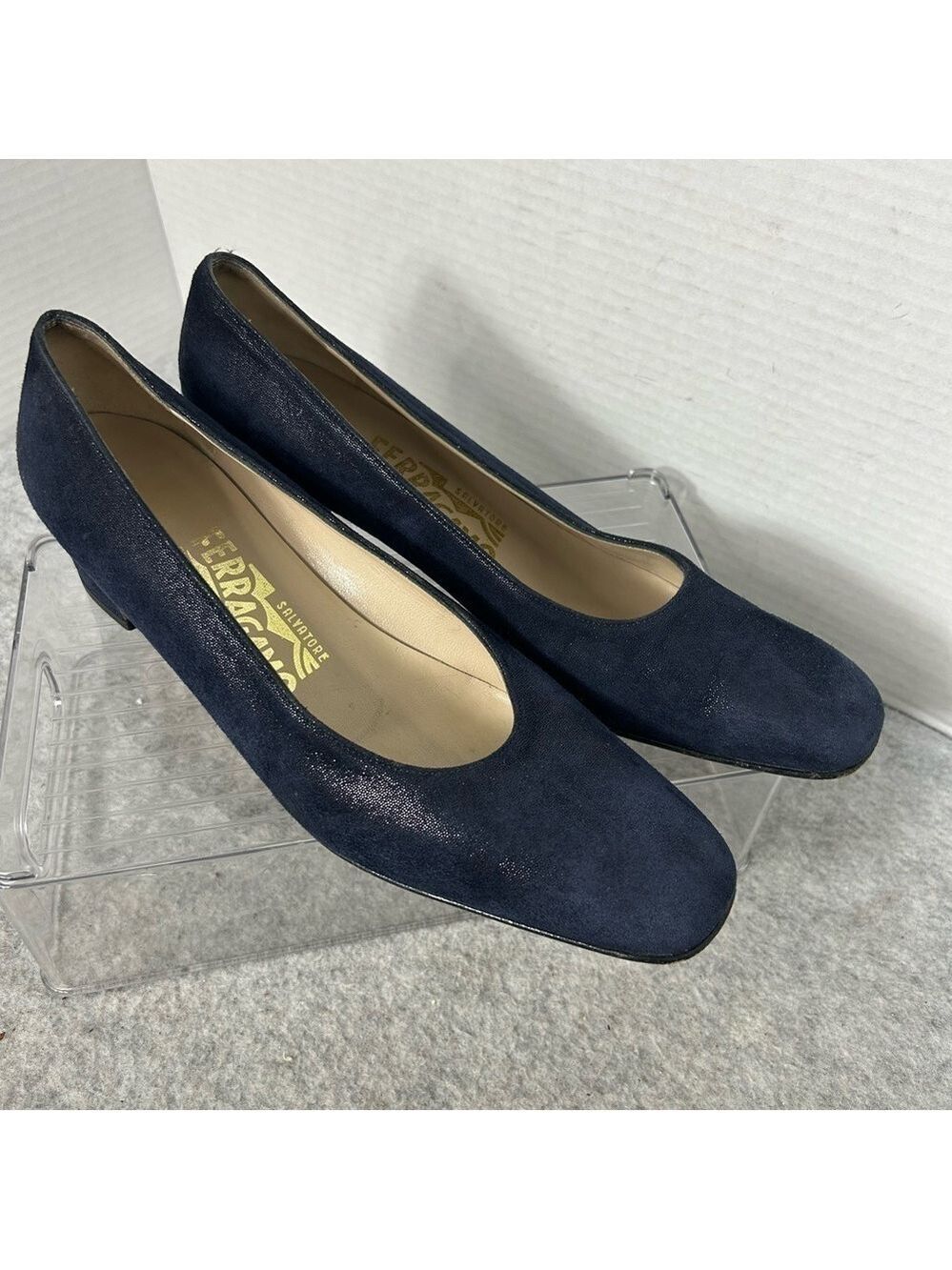 Salvatore Ferragamo Blue Suede Pumps Sz 7.5AA Gold Accent